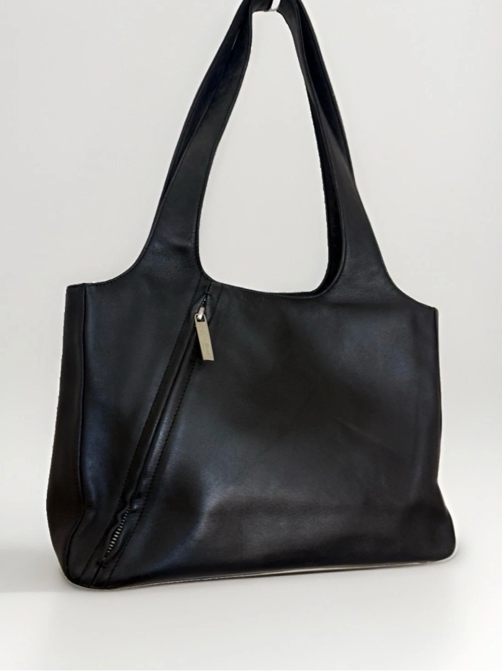 Authentic Ferragamo Black Soft Leather Hobo Tote Bag with Dual Outer Zips